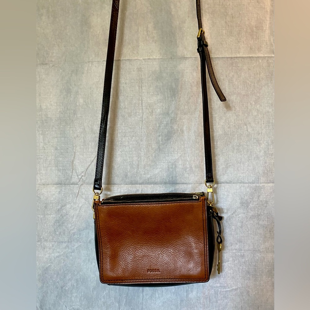 Fossil, black and brown leather cross body bag